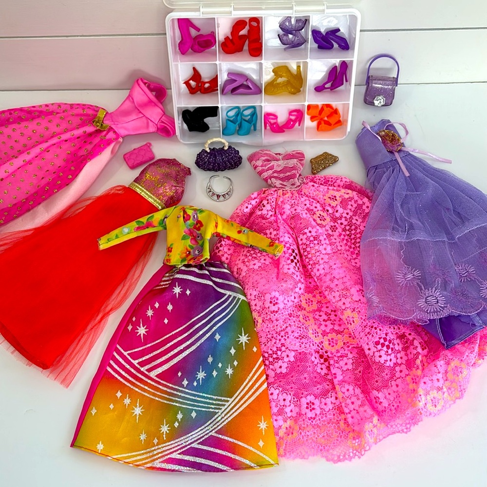 BARBIE LOT Gowns Dresses High Heel Shoes Purses Storage Box Fancy Formal Wear